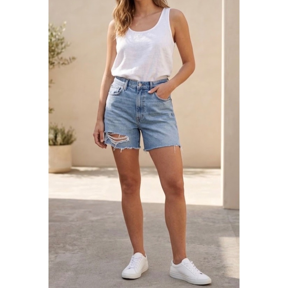 Light Blue Distressed High-Rise Denim Shorts